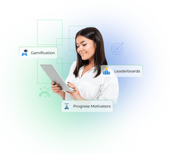 Gamification features including badges, leaderboards, and creative progress tracking